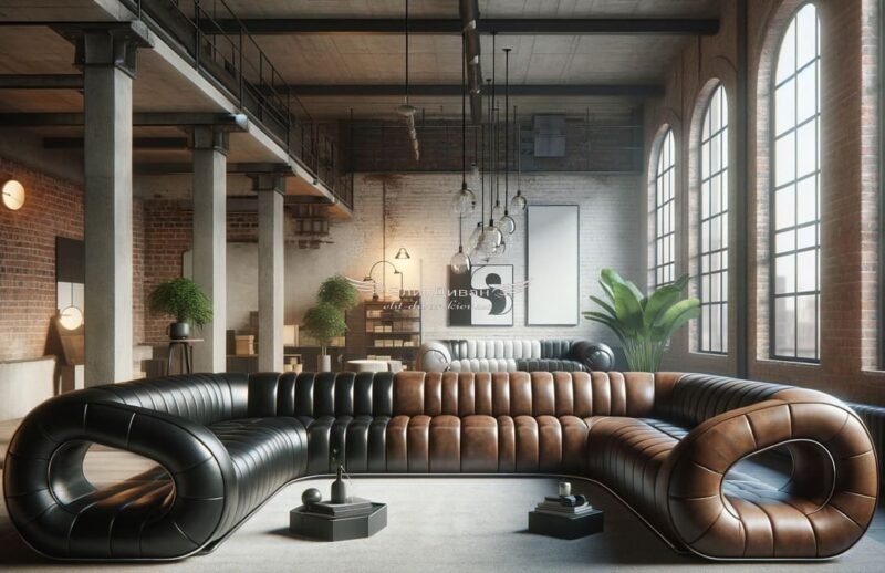 черно коричневый кожаный п образный диван