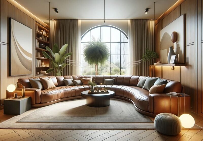 радиусный кожаный диван в гостиную