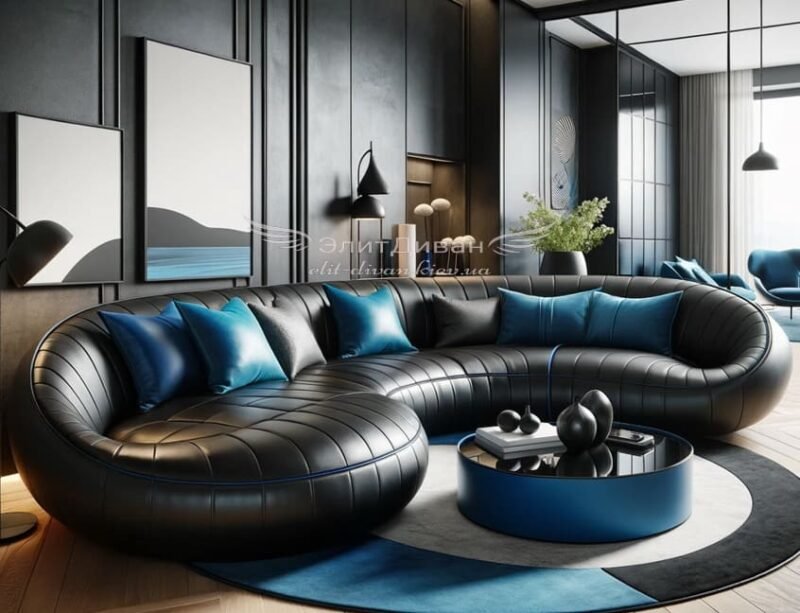 радиусный диван с синими пошками