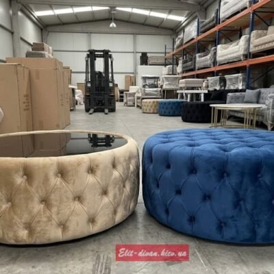 синий и бежевый круглый пуфики с каретной стяжкой